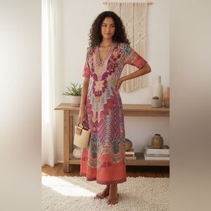 Soft Surroundings Embroidered Moroccan Parasol Kaftan Midi Dress SZ Small